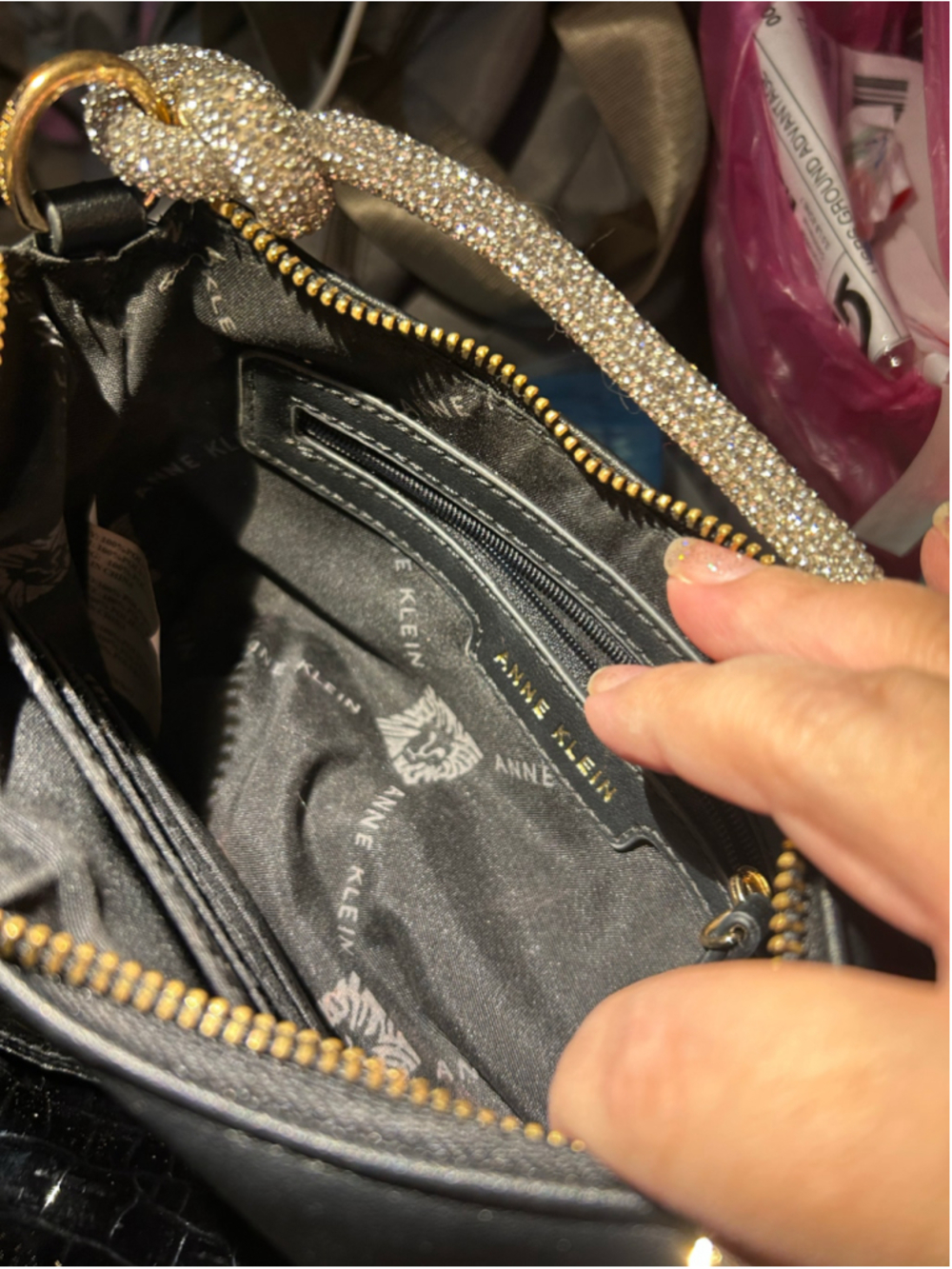Women's Anne Klein Black Shoulder Bag with Rhinestone Handle, One Size - Picture 8 of 8